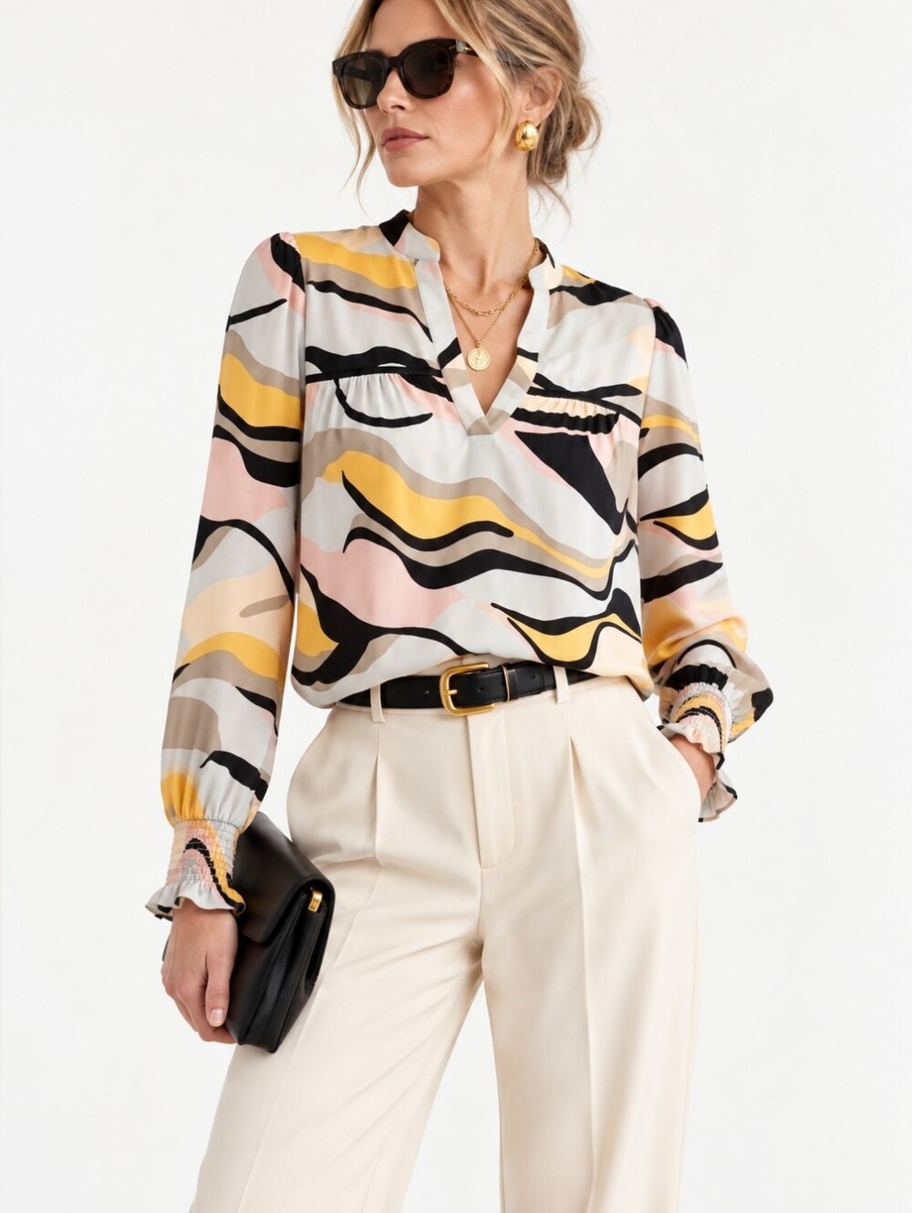 THML Top Anthropologie v-neck Abstract Blouse